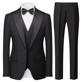 Rogers & Morris Tuxedo Suits for Men Solid 3 Piece Slim FitFormal Set Peak Lapels One Button Jacket Vest Pants Black M