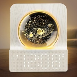 DreamSky Space Alarm Clock for Kids Teens, Small Digital Clock with RGB Night Light for Bedroom, Colorful Crystal Ball Decor for Living Room Office, Dimmer, Gifts for Boys Girls Women (Wood Grain)