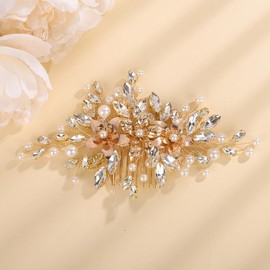 Rumtock Gold Flower Hair Comb for Wedding Brides Bridesmaid Handmade Women Pearl Beads Hair Piece (Gold)