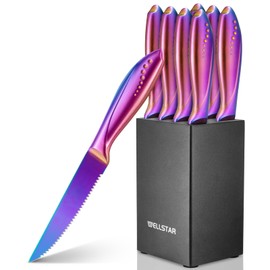 WELLSTAR Steak Knives Set of 8 with Wood Block, 4.75 Inch Rainbow Serrated Steak Knife Set, Razor Sharp German Stainless Steel with Full Tang Handle, Space Saving Steak Knife Set