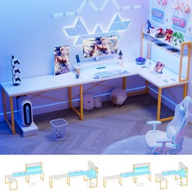 Unikito DIY U Shaped Computer Desk with Hutch, Reversible Large Office Desk with Power Outlet and LED Strip, Customizable Sturdy 98 Inch L Shaped Gaming Corner Desk with Monitor Stand, White and Gold
