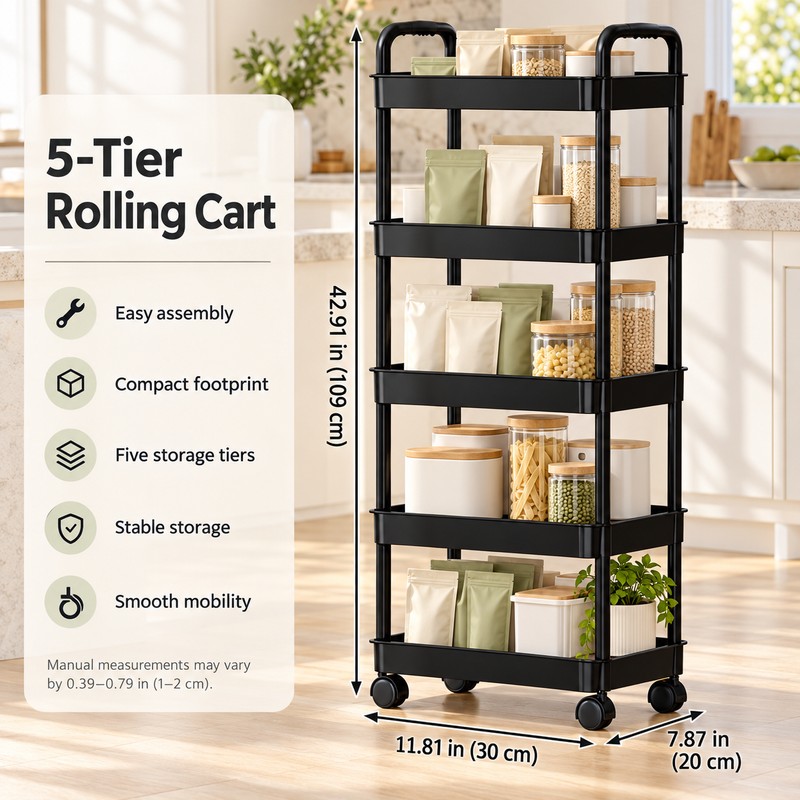 5-Tier Rolling Storage Cart for Kitchen Organization – Space-Saving Mobile