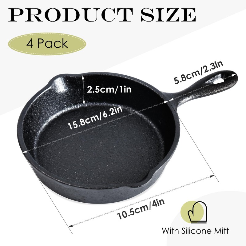 Cptoion 1 Set Mini Cast Iron Skillet, 4 Inch, Black
