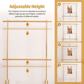 Vilaxing Kids Clothing Rack Bamboo with 2 Storage Baskets and 2 Adjustable Hanging Rods,Child Garment Holder with Shelf, Dress up Racks for Playroom,Toddlers Bedroom (Natural)