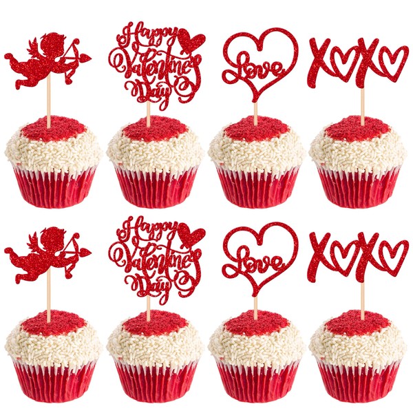 Paquete de 24 adornos para magdalenas con purpurina para el día de San Valentín, dulces y rojos, con corazón de amor, decoraciones para tartas de amor y San Valentín, para fiestas de cumpleaños con