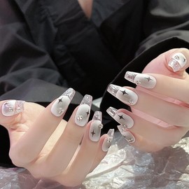 Pure Handmade Nails Press on Nail Reusable Fake Nails Nude Gradient Pink Colour Medium Stick on Nails French Tip False Nails 10pcs (L, Q069)