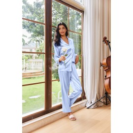 Ekouaer Womens Pajama Sets Satin Silk Pjs Classic Button Down Sleepwear Soft Long Sleeve Lounge Sets Blue Striped XL
