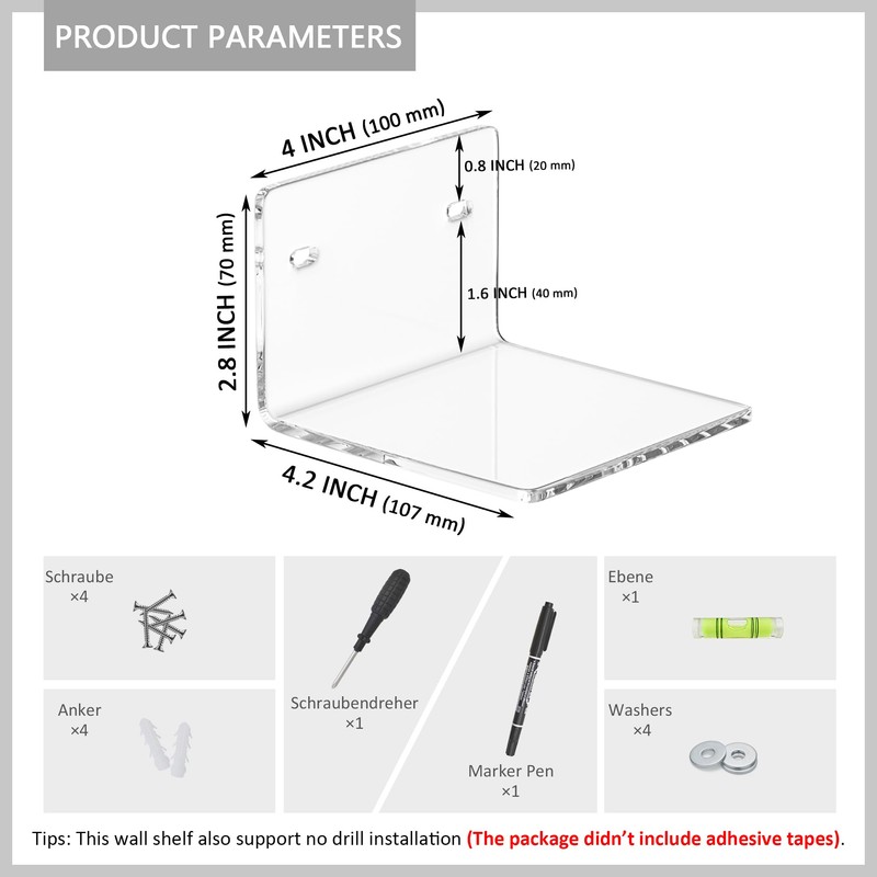 Sezanrpt 4 Inches Clear Small Wall Shelves, 4mm Thickness Acrylic