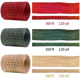 XND 3 Rolls Raffia Ribbons Red Green Natural 1080 Feet, Christmas Paper Twine Wrapping Ribbon for Gift Wrapping, DIY Craft, Holiday Decoration