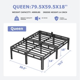 NKZ 18 Inch Queen Size Bed Frame, Metal Bed Frame & Box Spring 2 in 1 Platform with Round Corner Legs, 4000Lbs Heavy Duty Metal Frame, Mattress Slide Stopper, Headboard Hole, Noise-Free, Easy Assembly