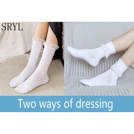 SRYL Women Ankle Socks Lace Turn-Cuff, Cute Ruffle Frilly Comfortable Cotton Socks Ladies Girl Princess,YYS09 (White-1 pairs)
