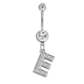 Initial Dangle Belly Button Rings | Embellished with CZ Crystals in Silver Letters A to Z | Ideal for Navel Piercings Belly Piercings - Initial E - BB-005