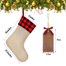 Realspring 4 Pieces 16 Inches Burlap Christmas Stocking with Wooden Name Tags Large Fireplace Hanging Christmas Stocking with Buffalo Plaid Bows Wooden Hanging Tags for Christmas (Red and Black)