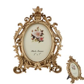 ohbien Vintage Oval Picture Frame, 5×7in Golden Flower Antique Photo Frame Retro Photo Frame Antique Decorative Photo Frame Table Top Photo Display Holder for Home Table Decoration