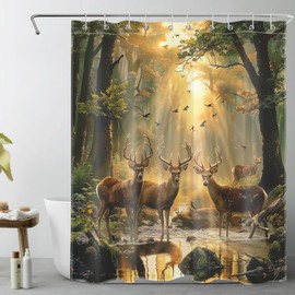 LB Forest Deer Shower Curtain Rustic Wildlife Animal Elk Hunting Bathroom Shower Curtain Nature Foggy Forest Bird Bathroom Curtain with Hooks 72Lx60W Inch Polyester Fabric Bath Curtain