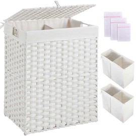 Greenstell Laundry Hamper with 2 Removable Liner Bags，90L Divided Clothes Hamper, Handwoven Synthetic Rattan Foldable Laundry Basket with Lid and Handles White (18.5 x 13.3 x 24.0Inches)