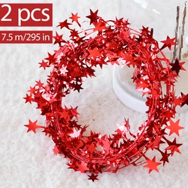 Pack of 2 7.5 m Christmas Small Stars Garland Shiny Metallic Foil Garland Christmas Tree Tinsel Hanging Decorations for Party Holiday Christmas Decoration Stripes Christmas Tree (Red)