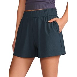 CRZ YOGA Comfy Ribbed Sweat Shorts for Women High Waisted Lyocell for Casual Lounge Athletic Jersey with Pockets True Navy Large
