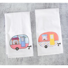 LL Decor RV Kitchen Towels Set of 2 with Hanging Loop Urban Hippy Design 100% Lint Free Cotton Dish Towels for The Kitchen