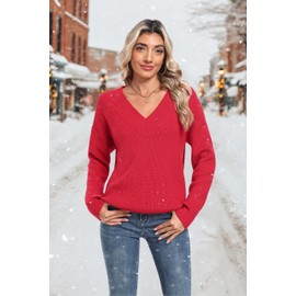 Jouica Women's Sweater V Neck Long Sleeve Knit Pullover Christmas Sweaters for Women Classic-Fit 2025,Red,Large
