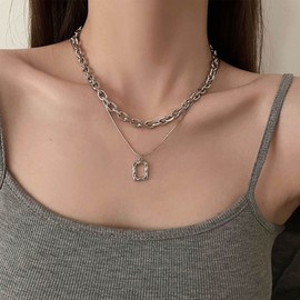 Inateannal Punk Layered Choker Necklace Geometric Square Pendant Necklace Chunky Silver Paper Clip Chain Necklace Round Snake Chain Necklace Jewelry for Women and