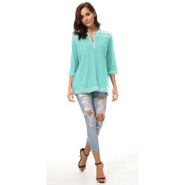 Urban CoCo Women's 3/4 Sleeve Boho Shirts Embroidered Peasant Top (2XL, Light Blue)