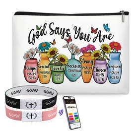 FIDWALL Christian Bible Verse Bracelets with NFC & Inspirational Makeup Bag, Daily Scripture Bracelets for Women (Black & Pink), Encouraging Christian Gifts for Her (Colorful Vases)