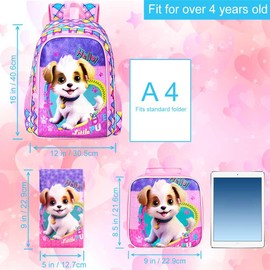 CCJPX 3PCS Kids Backpack for Girls, 16”Dog Preschool School Bookbag Set, Cute Water Resistant Elementary School Bag for Teen Kindergarten Toddler
