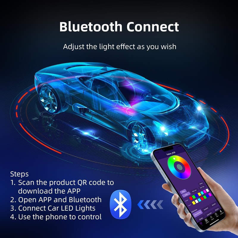 Wireless APP Control Car-Ambient-Lighting-Kit,256 RGB Colors DIY Modes Acrylic Interior