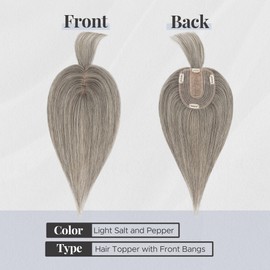 SEGOHAIR Hair Topper for Thinning Hair, Human Hair, 4 Clips, Silk Base 3.94x4.72, 6 Inches, Light Salt and Pepper Color, Style without Front Bangs, Achieve a Fuller, More Youthful Appearance