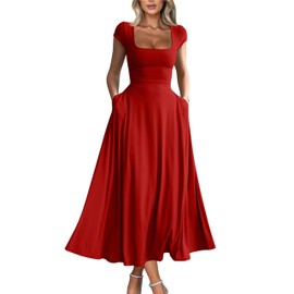 YMDUCH Women's Casual Short Sleeve Square Neck Solid Slim Flowy Maxi Dress with Pockets Red