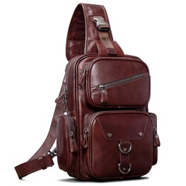 CENUNCO Genuine Leather Sling Bag for Men Capacity Crossbody Backpack Casual Motorcycle Chest Bag Anti-Theft Travel Purse (Dark Brown)