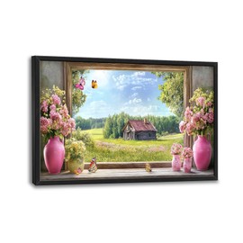 Farmhouse Large Wall Art for Living Room Nature Pink Flowers Framed Canvas Decor Farm Country Prints Painting Pictures Extra Large Rustic Landscape Artwork for Bedroom Bathroom Kitchen 24"x36"