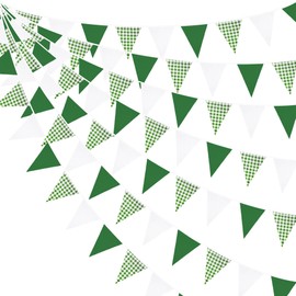 32Ft Green White Plaid Fabric Bunting Banner Party Decorations Checkered Triangle Flag Gingham Pennant Garland for Wedding Birthday Baby Shower Dinosaur Arbor Day Golf Picnic Outdoor Garden Decor