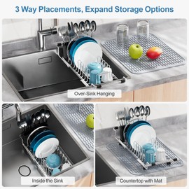 GSlife Stainless Steel Sink Dish Drying Rack - Small in Sink Dish Rack with Silicone Mat, Expandable Kitchen Counter Drainer with Utensil Holder, Fit for 13.2-17 inch, Silver