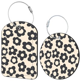 iapodiad 2 Pack Idea Luggage Tag for Suitcases Vintage Groovy Flowers Travel Leather Luggage Tags with Name Address Privacy Flap and Steel Loop Airport Cruise Baggage Tags (Square and Round)