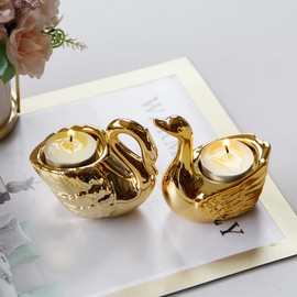 Set of 2 Gold Swan Ceramic Tealight Candle Holders for Living Room & Bathroom Decorations - Centerpieces for Wedding & Dining Room, Coffee Side Tables & Shelf Decor - Holiday & Birthday Gifts