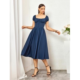 JKMNAO Women’s 2024 Summer Boho Square Neck Corset Midi Dress Casual Flowy Swing A line Ruffle Dresses Navy