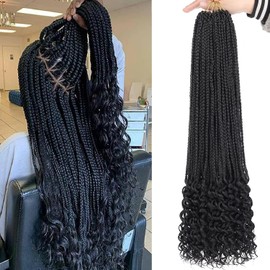Mscat 24 Inch Goddess Box Braids Crochet Hair with Curly Ends 8 Packs Pre-looped 3X Synthetic Boho Box Braiding Hair for Women (15Strands/pack 1B#)