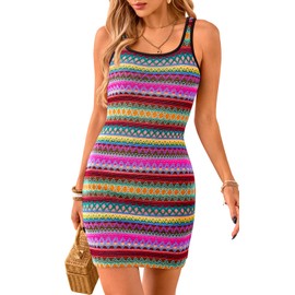PRETTYGARDEN Womens 2025 Summer Mini Dresses Square Neck Sleeveless Tank Bodycon Striped Boho Sundresses Beach Vacation Clothes (Purple, M)