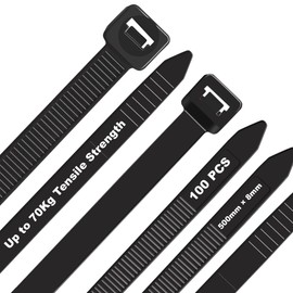 DUNSOO Pack of 100 Cable Ties Black 500 mm x 8 mm Cable Ties UV Resistant Chemical Resistance Cable Ties Strong Zip Ties with 70 kg Tensile Strength