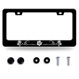 Hibiscus Flower Waves License Plate Frame Hawaiian Palm Tree License Plate Stainless Steel Auto Parts License Plate Decorative with Screws Size 12.3" x 6.3"