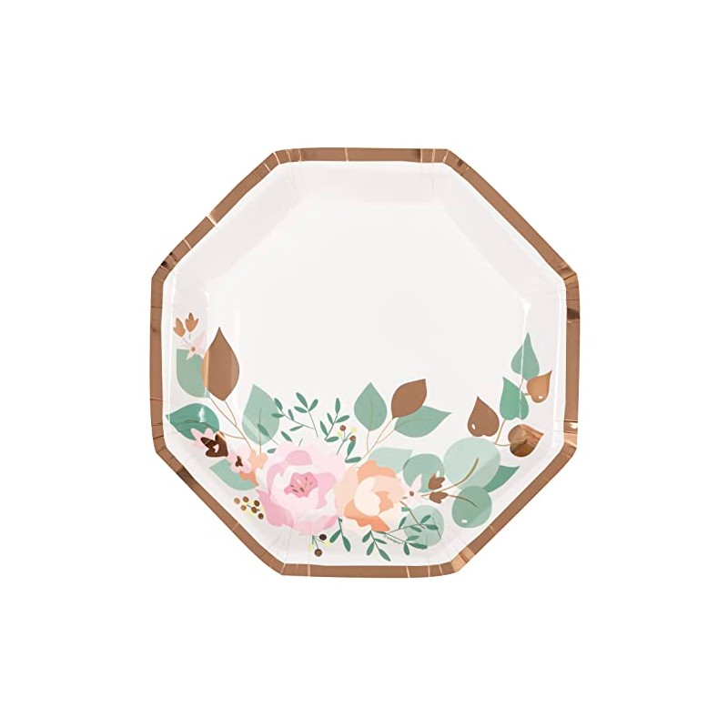 Unique 28715 Foil Stamped Octagonal Paper Plates-23.5 cm-Pink Blooms Floral