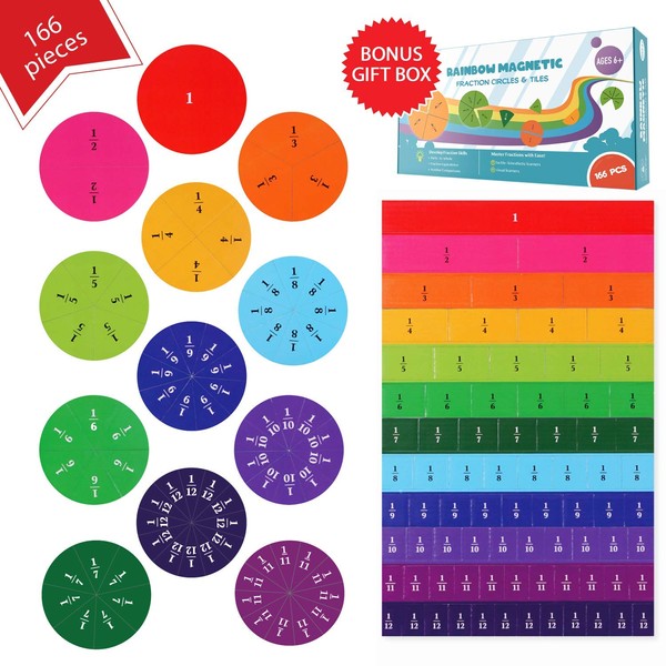 Simply Magic 166 PCS Magnetic Fraction Tiles & Fraction Circles - Math Manipulatives for Elementary School - Fraction Magnets & Resources - Fraction Strips & Bars
