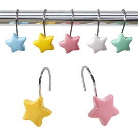 12PCS Cute Stars Decorative Shower Curtain Hooks Rings for Kids Girls Cartoon Shower Curtains Bathroom Decorations Accessories Set, Metal Rustproof Pastel Rainbow Color Stars Shower Curtain Hooks