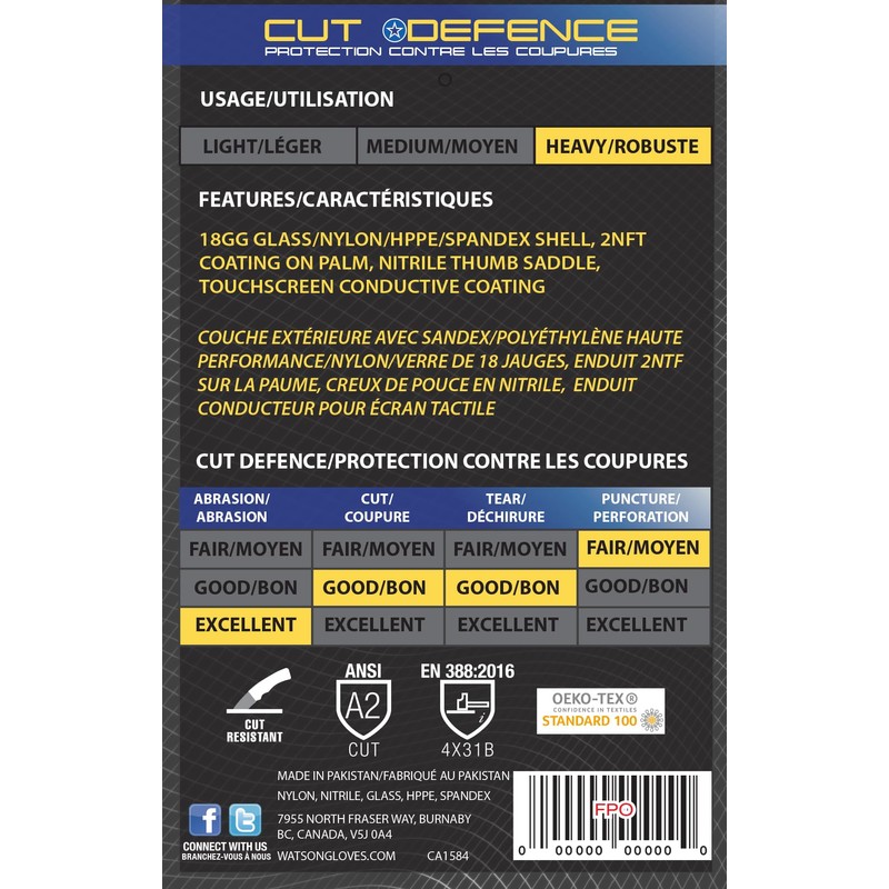 Watson Gloves, #365 - Stealth Cobra Gloves, Cut Resistant, ANSI