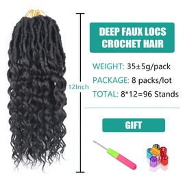 Deep Faux Locs Crochet Hair 12 Inch 8 Packs Goddess Locs Crochet Hair Soft Locs Crochet Braids with Curly Ends Pre Looped Deep Wavy Crochet Hair for Black Women(12 Inch/Pack of 8, 1B)
