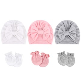 DRESHOW Newborn Baby Hat and Gloves Set Beanie Clothing Unisex Infant Hat Nursery Hat Baby Boys Girls 0-6 Months, 3 sets: bow hats & mittens 58-a01