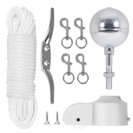 Flagpole Hardware Repair Parts Kit-50 Ft Halyard Rope +3" Silver Ball+6" Zinc Alloy Cleat +4 PCS Metal Swivel Snap Clips+Aluminum Alloy Flagpole Truck for1.6-2" Diameter Flag Poles Top