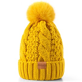 PIOZAED Women's Winter Pompom Beanie Warm and Cozy Knit Hat Fleece Lining Skull Cap for Women, Yellow, One Size